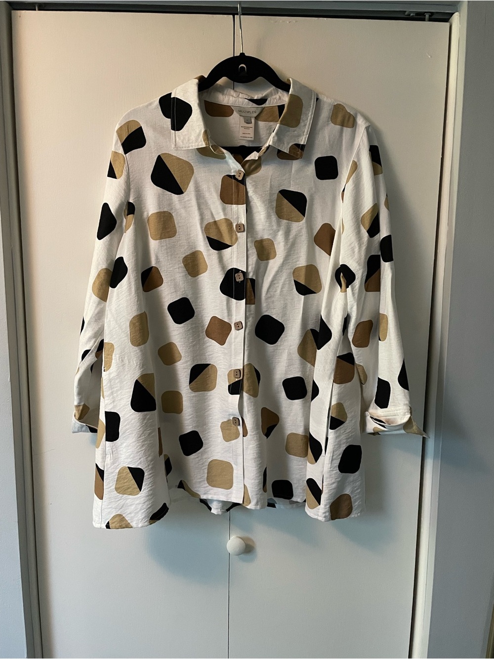 Women's White Button-Up Shirt with Black and Tan Geometric Print by Multiples